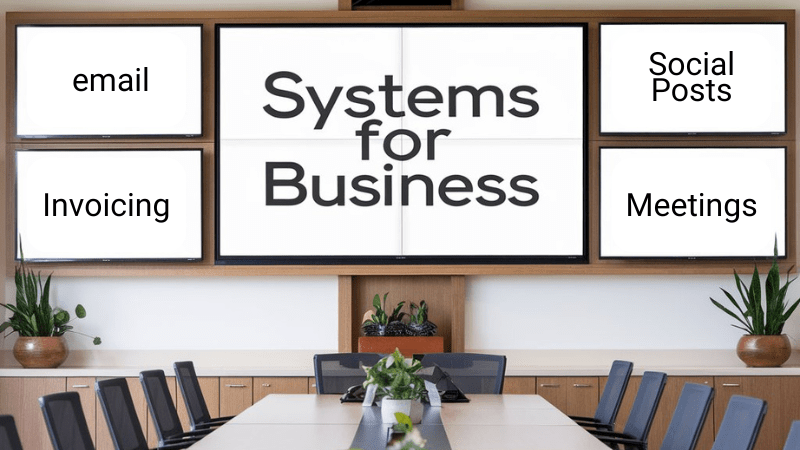 Boardroom table with a screen on the wall displaying the words business systems