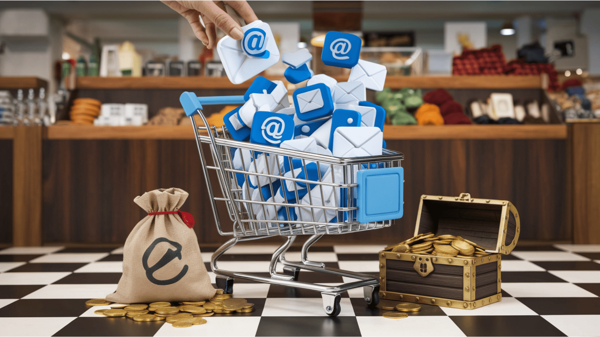 A shopping cart full of email addresses to help market growth