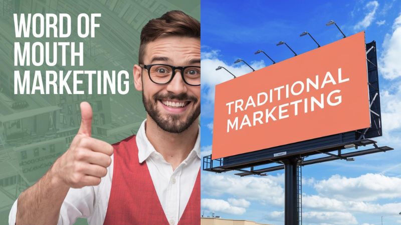 referral marketing v traditional marketing Man on the left giving a thumbs up sign. Imag on the right of a traditional roadside signboard