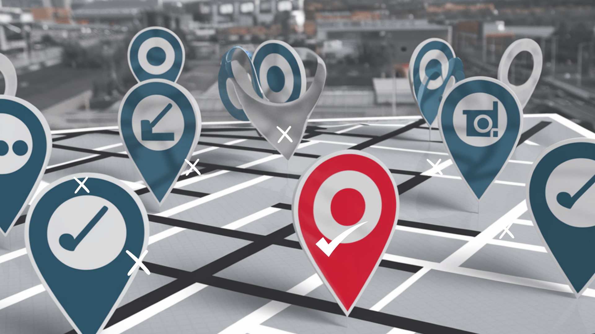 IMAGE SHOWS A STREET MAP WITH ICONS RELATING TO TARGETING REFERRAL MARKETING CUSTOMERS